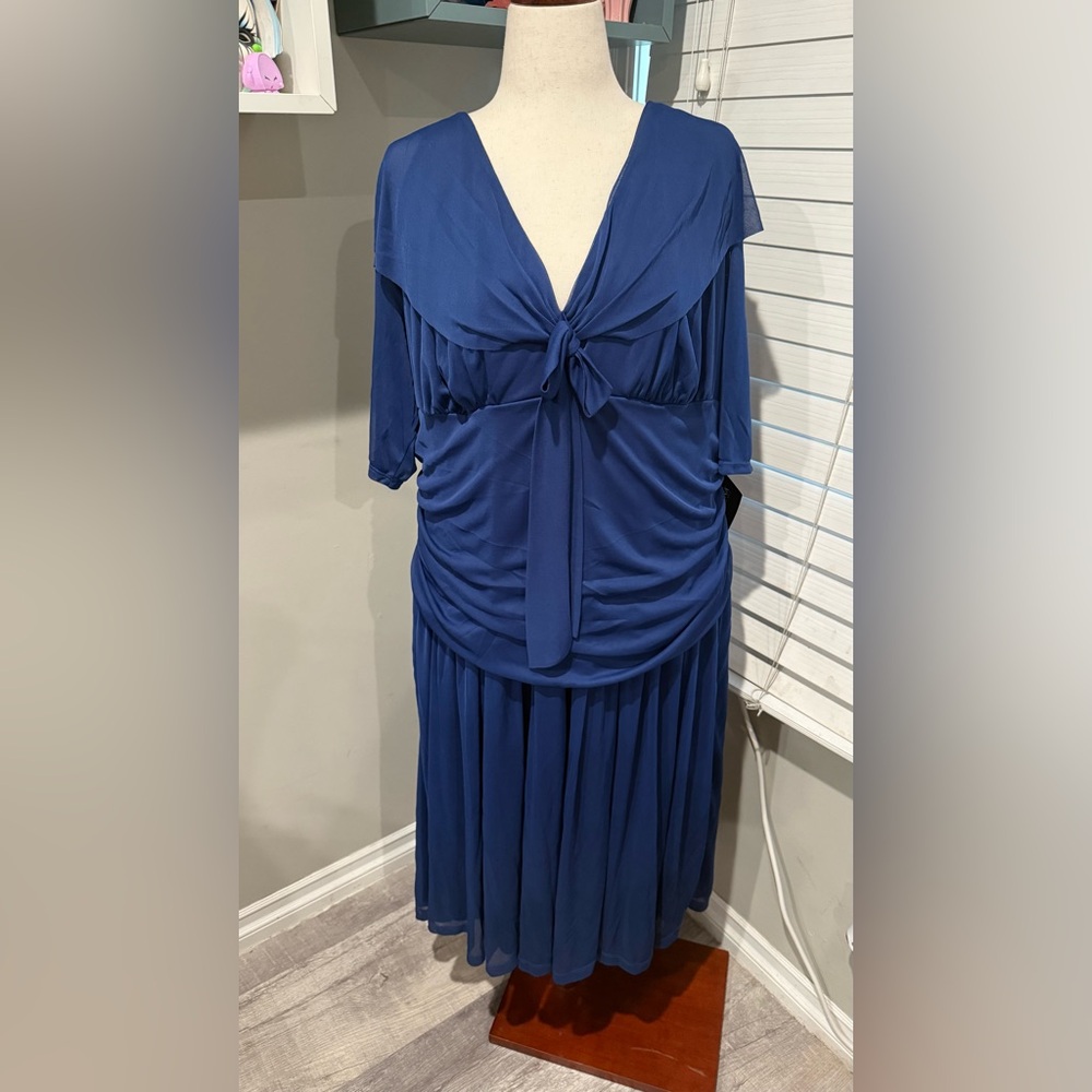 Kiyonna Shawl Elegant Blue Dress with Knot Detail